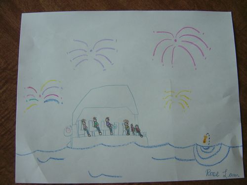 Daughter's drawing of family watching fireworks from our pontoon.