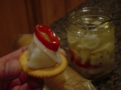 Chunk of pickled Northern on a cracker
